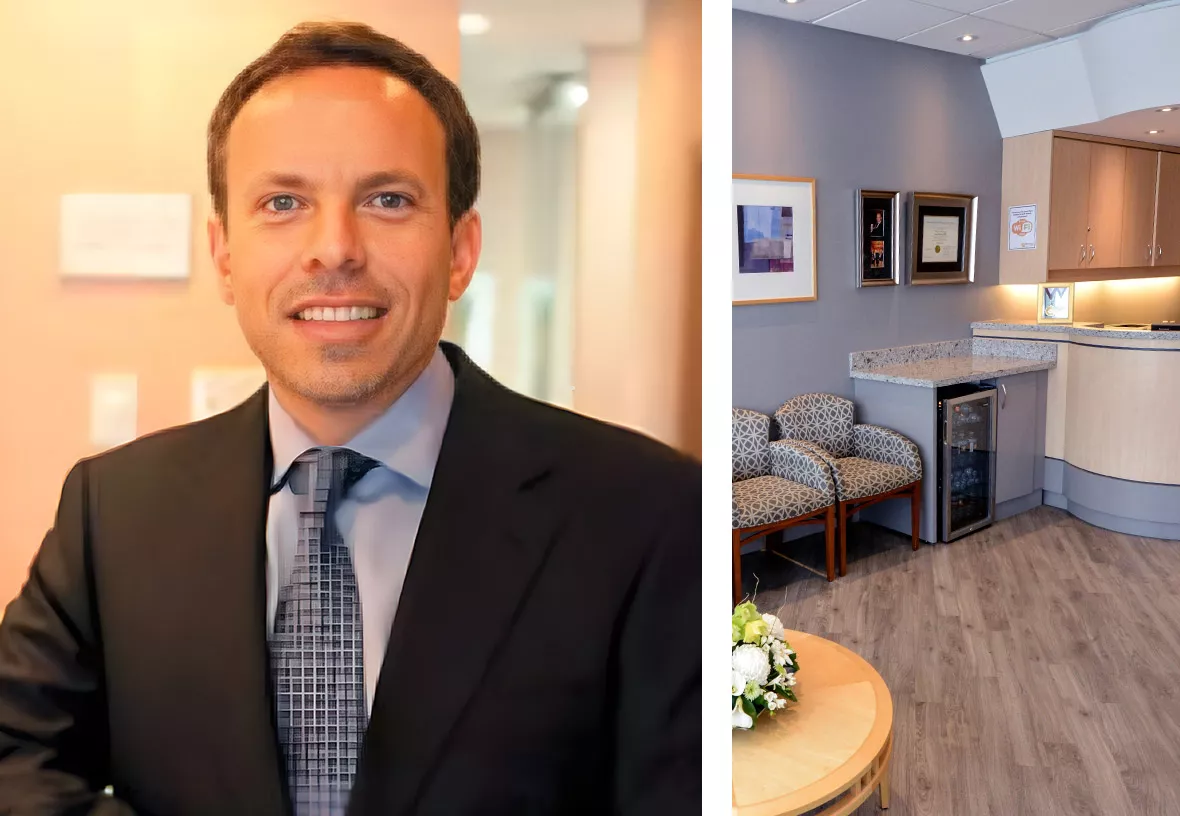 Dr Berzin on left, dental office reception area with mini fridge and welcoming desk on right